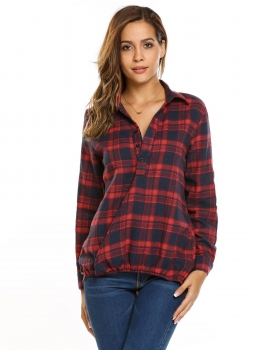 

Red Women Turn Down Collar Long Sleeve Plaid Asymmetric Loose Casual Button Shirts, Multicolor
