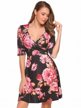 

Black V-Neck Half Sleeve Floral Print Summer Slim A-Line Dress, Multicolor