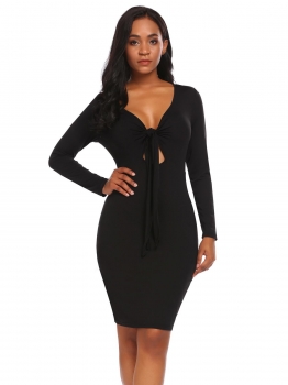 

Black V-Neck Long Sleeve Knotted Keyhole Bodycon Dress, Multicolor