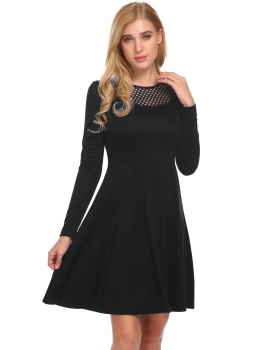 

Black Round Neck Long Sleeve Hollow Slim Zipper Mini Dress, Multicolor