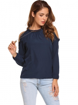 

Navy blue Cold Shoulder Long Sleeve Crochet Patchwork Tops, Multicolor