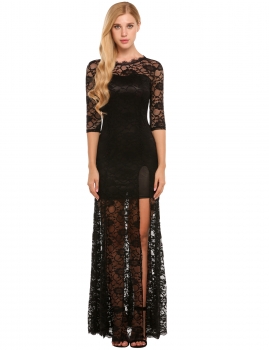 

Black 3"4 Sleeve Lace Side Split Bodycon Maxi Dress, Multicolor