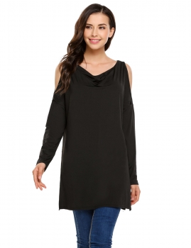 

Black V-Neck Long Sleeve Cold Shoulder Solid Hem Split Tops, Multicolor