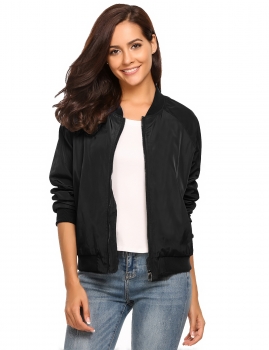 

Black Zip Up Solid Slim Fit Short Casual Bomber Jacket, Multicolor
