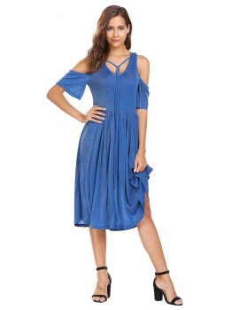 

Blue Cold Shoulder Short Sleeve Glitter Dress, Multicolor