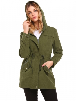 

Army green Solid Zip-Up Drawstring Hooded Military Jacket with Pocket, Multicolor
