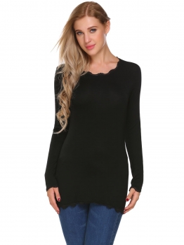 

Black Round Neck Long Sleeve Solid Lace Trim Slim Basic Tops, Multicolor