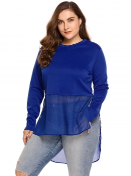 

Blue Plus Size Long Sleeve Split Chiffon High Low Hem Tops, Multicolor