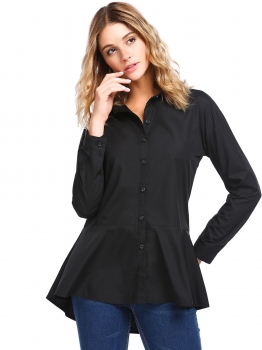

Black Solid Flare Long Sleeve Fitted Button Down Peplum Shirt, Multicolor