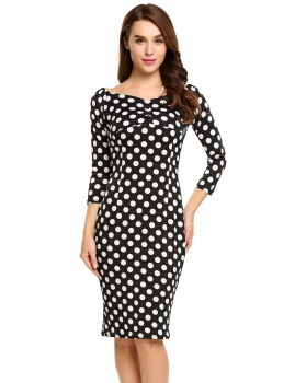 

Black Long Sleeve Off Shoulder Polka Dot Pencil Dress, Multicolor