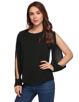 

Black Women Casual O-Neck Long Split Sleeve Solid Loose Sexy Blouse T-shirt, Multicolor