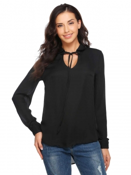 

Black Solid Collared Drawstring V-Neck Long Sleeve Chiffon Blouse, Multicolor