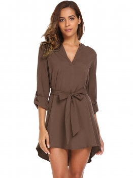 

Dark brown Solid V Neck Long Cuffed Sleeve Asymmetric Dress with Belt, Multicolor