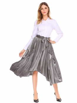 

Gray Women High Waist Solid Velvet Irregular Casual Midi Pleated Skirt with Belt, Multicolor