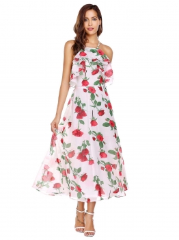 

Red white Backless Ruffles Floral Back Strap Maxi Dress, Multicolor