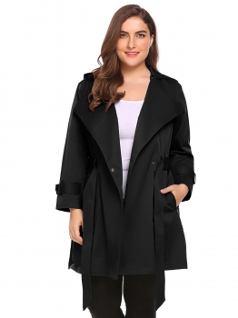 

Black Women Plus Size Hooded Long Sleeve Trench Coat with Belt, Multicolor