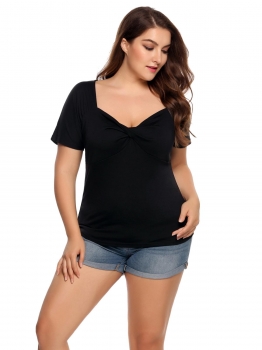 

Black Plus Size Front Twist Knot V-Neck Short Sleeve Solid Tops, Multicolor