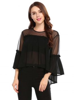 

Black Solid Sheer Mesh 3"4 Flare Sleeve Tops, Multicolor