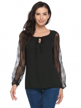 

Black Long Sleeve Patchwork Front Drawstring Chiffon Blouse, Multicolor