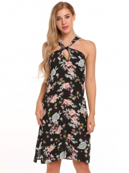 

Black Women Bohemian Sleeveless Floral Print Halter Loose Mini Dress, Multicolor