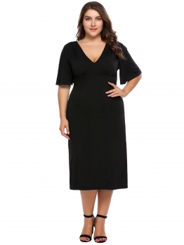 

Black Plus Size Plunging Neck Bell Sleeve Dress, Multicolor