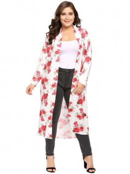 

White Plus Size Floral Draped Long Sleeve Asymmetrical Cardigan, Multicolor