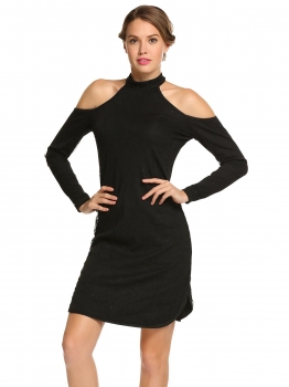 

Black Long Sleeve Cold Shoulder Mesh Outlayer Bodycon Dress, Multicolor