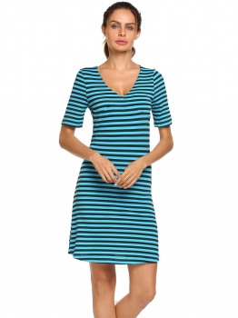 

Blue V-neck Short Sleeve Striped Slim Dress, Multicolor