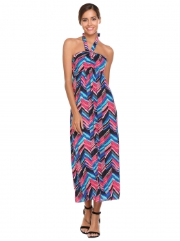 

Mono Style Women Halter Maxi Long Dress Print Backless Casual Beach, Multicolor