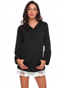 

Black Solid Pullover Pocket Long Sleeve Hoodie with Drawstring, Multicolor