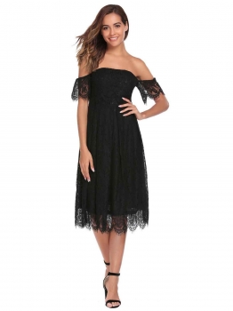 

Black Off the Shoulder Short Sleeve Lace A-Line Pleated Dress, Multicolor