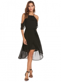 

Black Women Casual Spaghetti Straps Ruffle A-Line Pleated Asymmetrical Hem Party Dress, Multicolor