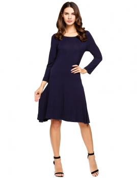 

Blue Round Neck 3"4 Sleeve Solid Shift Short Dress, Multicolor