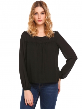 

Black Long Sleeve Front Draped Solid Loose Fit Chiffon Blouse, Multicolor
