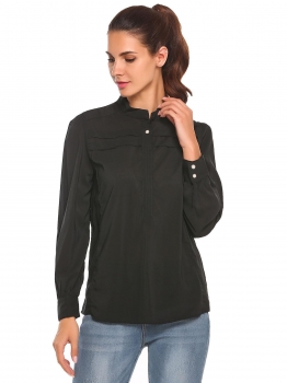 

Black Solid Stand Neck Long Sleeve Button Loose Chiffon Blouse, Multicolor