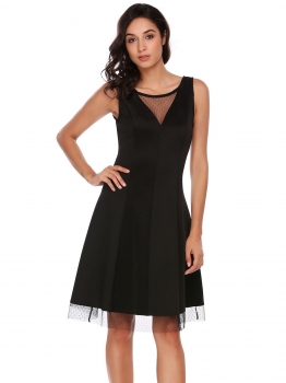 

Black Double V Neck A-Line Sleeveless Mesh Patchwork Knee Length Going Out Party Dress, Multicolor