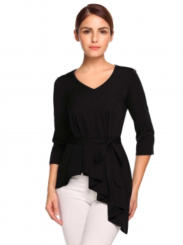 

Black V-Neck 3"4 Sleeve Solid Asymmetric Tops with Belt, Multicolor