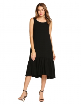 

Black Loose O-Neck Sleeveless Ruffled Hem Dress, Multicolor