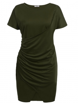 

Army green Ruched Solid Cross Hem Dress Plus Size, Multicolor