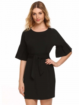 

Black Flare Sleeve Solid Loose Fit Shift Dress with Belt, Multicolor