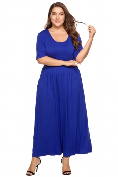 

Blue Plus Size Solid Scoop Neck Half Sleeve Ruched Party Maxi Dress, Multicolor