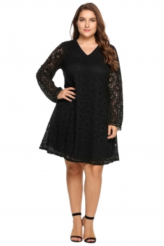 

Black Plus Size V-Neck Flare Long Sleeve Crochet Lace Dress, Multicolor