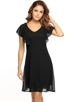 

Black V-Neck Ruffles Sleeve Solid Chiffon A-Line Dress, Multicolor