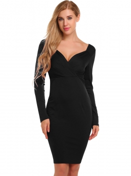 

Black Long Sleeve Ruched Pencil Dress, Multicolor
