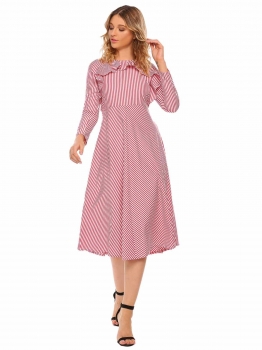 

Red Long Sleeve Ruffles Striped Fit and Flare Casual Party Midi Dress with Belt, Multicolor