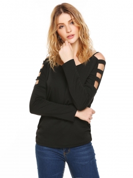

Black Solid Hollow-out Shoulder Ruched Waist Long Sleeve Loose Tops, Multicolor