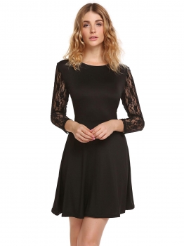 

Black Lace Patchwork Long Sleeve A-Line Dress, Multicolor