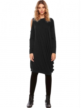 

Black Long Sleeve Solid Cold Shoulder Loose Asymmetrical Casual Dress, Multicolor