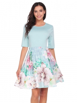

Light blue O-Neck Half Sleeve Patchwork Floral A-Line Pleated Zipper Dress, Multicolor