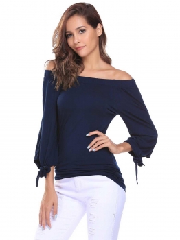 

Blue Slash Neck Off the Shoulder 3"4 Sleeve Bow Cuffs Tops, Multicolor